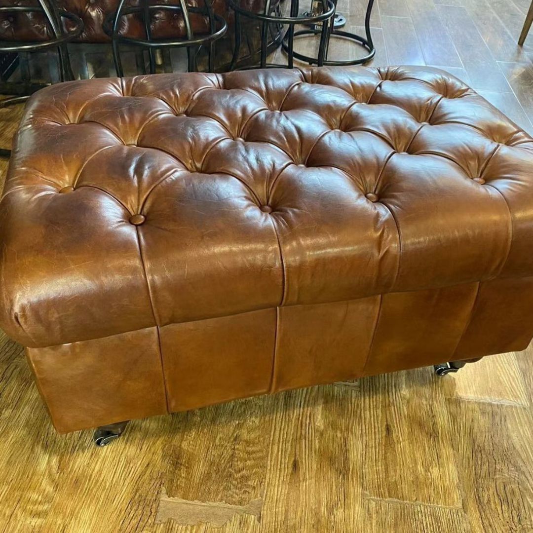 Aged Italian Leather Ottoman - Brown image 1